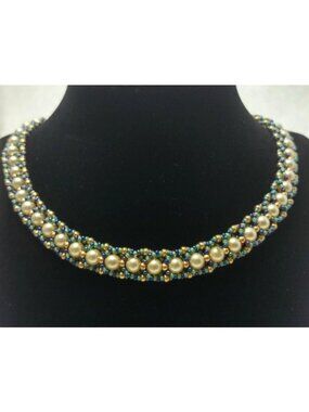Artisan-Made Necklace Collar Swarovski Crystal Faux Pearls Sterling Silver Clasp